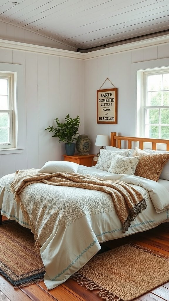 Cozy cottage bedroom with layered blankets and rugs.