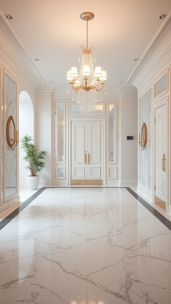 Luxurious entryway with marble tiles and elegant decor.