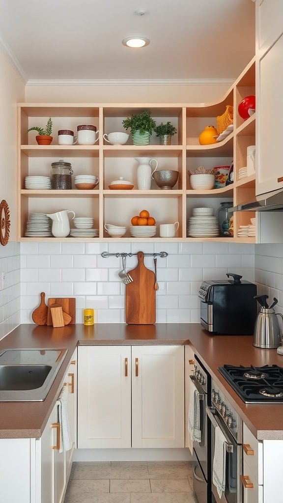 A small U-shaped kitchen featuring open shelving filled with dishes and decorative items.