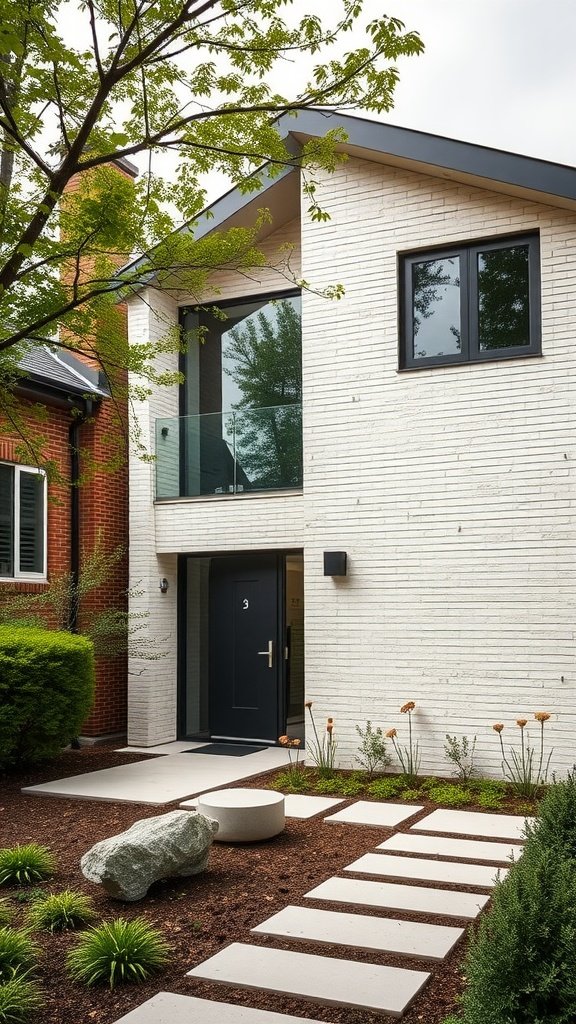 A modern cream brick house with a sleek entrance and landscaped pathway.
