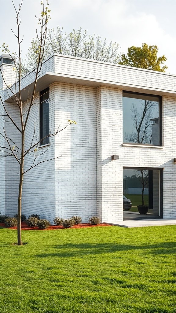 A modern off-white brick house with large windows and a green lawn.