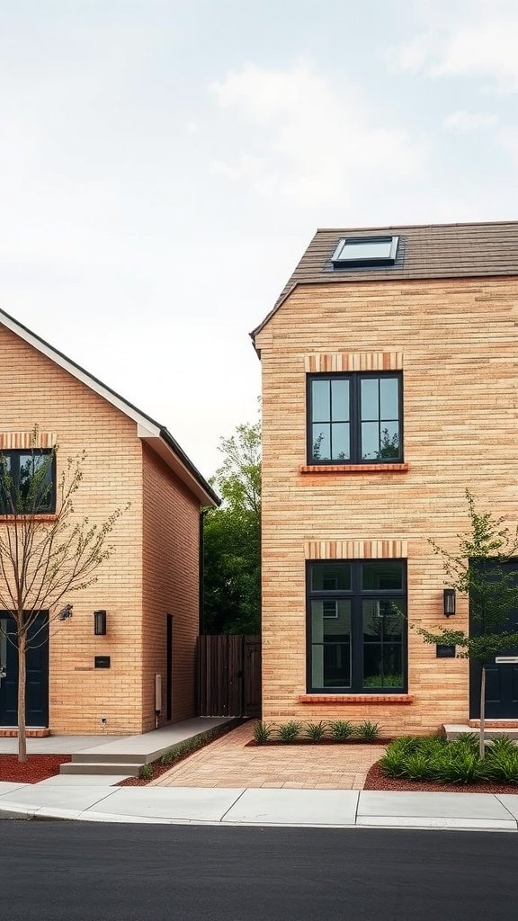 Modern and traditional beige brick houses with distinct architectural styles.