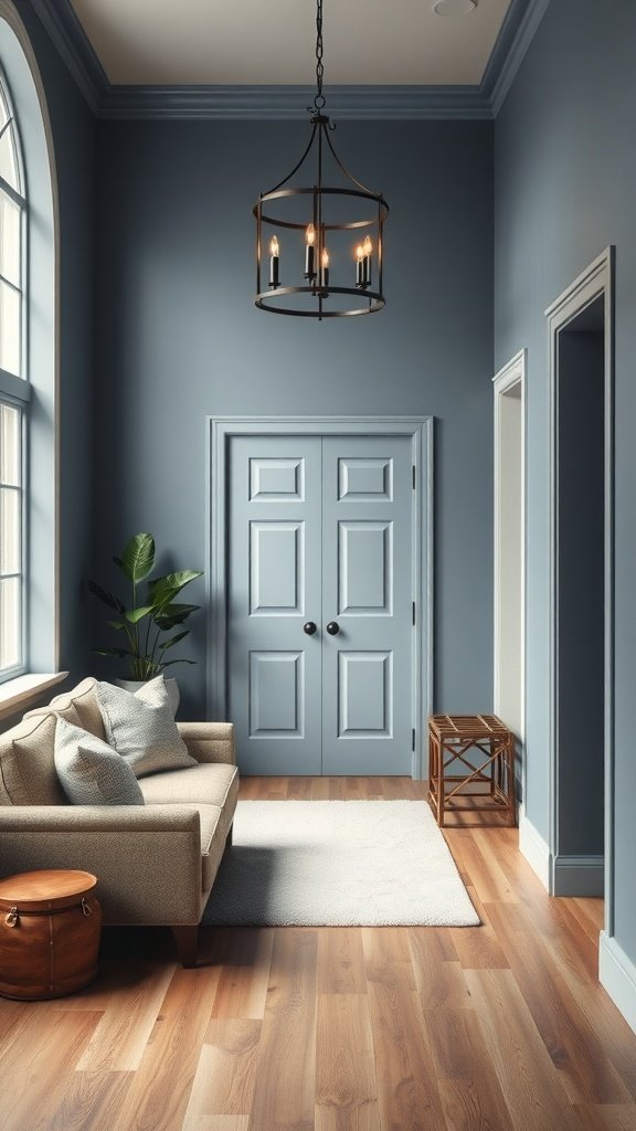 A tranquil foyer painted in muted steel blue with cozy furnishings.