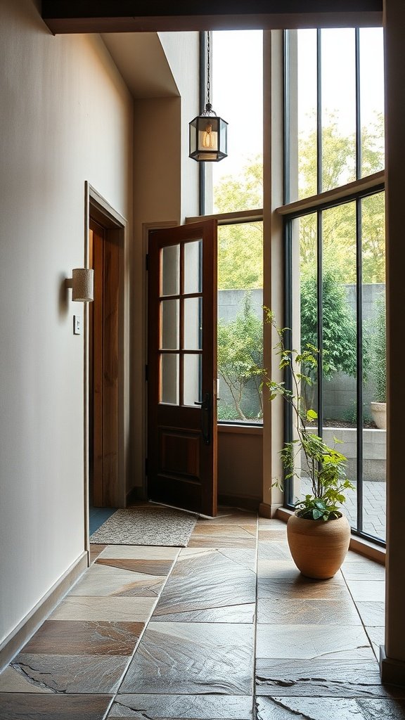 Entryway featuring natural stone slabs on the floor and large windows letting in natural light.