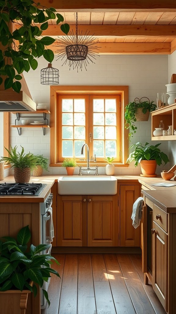 Cozy cottage kitchen with natural wood accents and plants.
