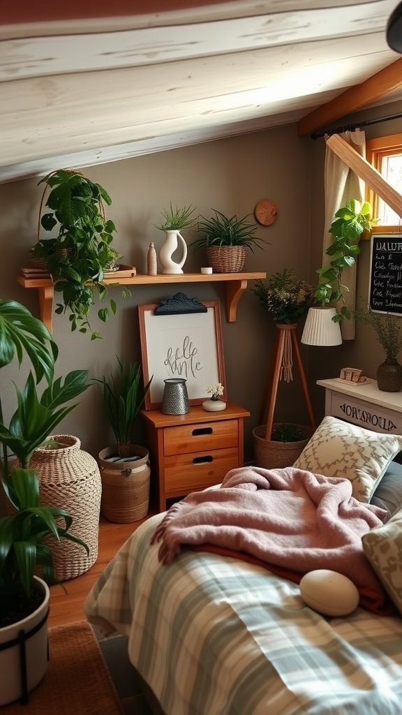 A cozy cottage bedroom with plants, wooden furniture, and warm textiles.