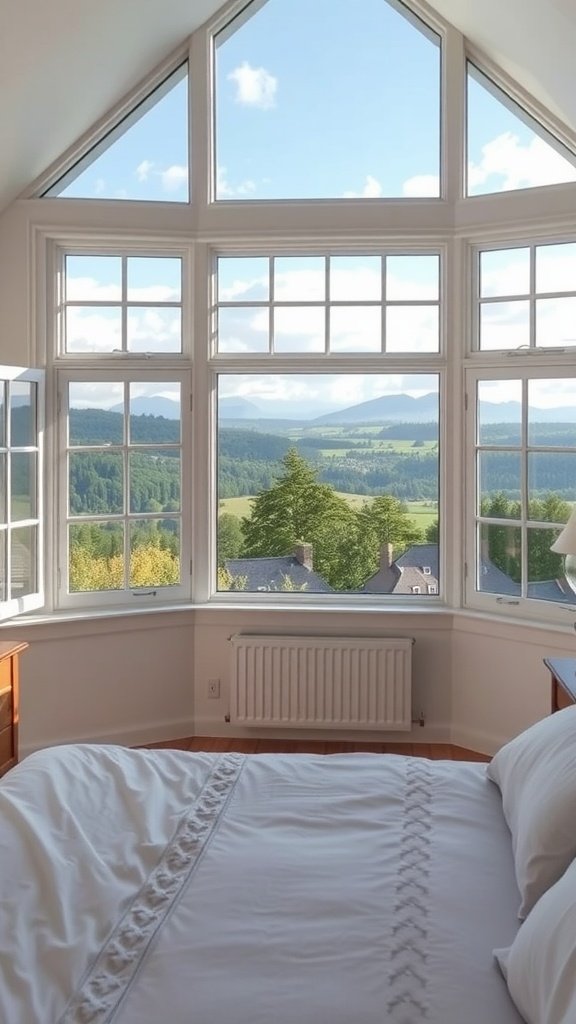 A cozy bedroom with large windows showcasing a beautiful natural landscape