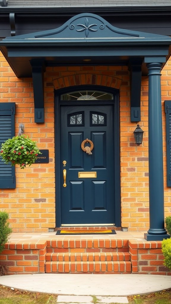 A tan brick house with a navy blue door and trim, featuring decorative elements.