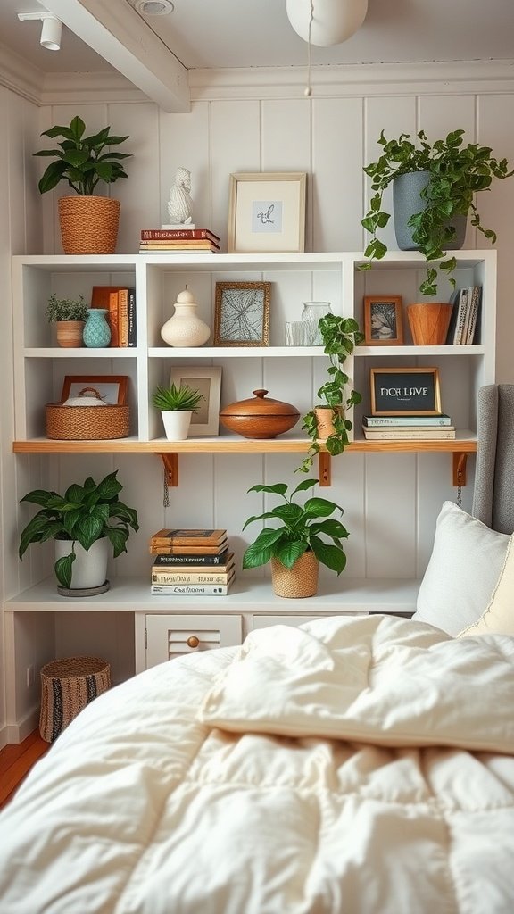Open shelving displaying plants, books, and decor in a cozy bedroom setting