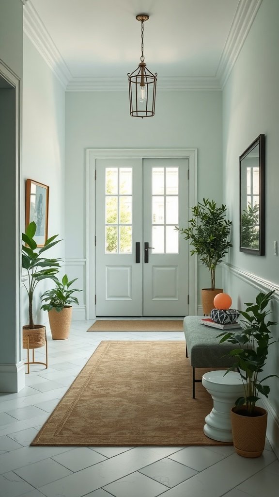 A beautifully designed foyer featuring pale mint walls, a bench, plants, and stylish decor.