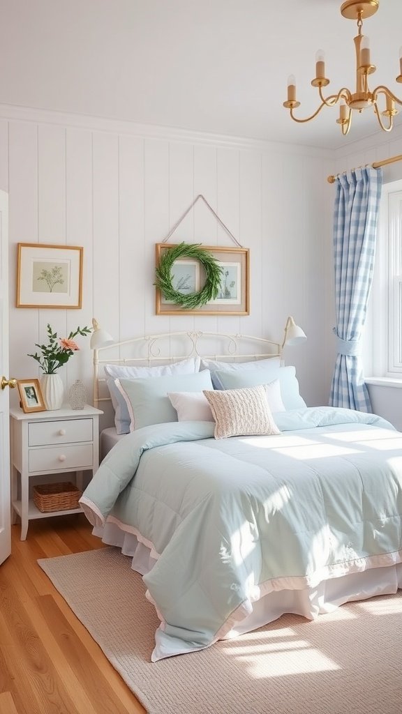 A cozy cottage bedroom with pastel blue bedding and light decor