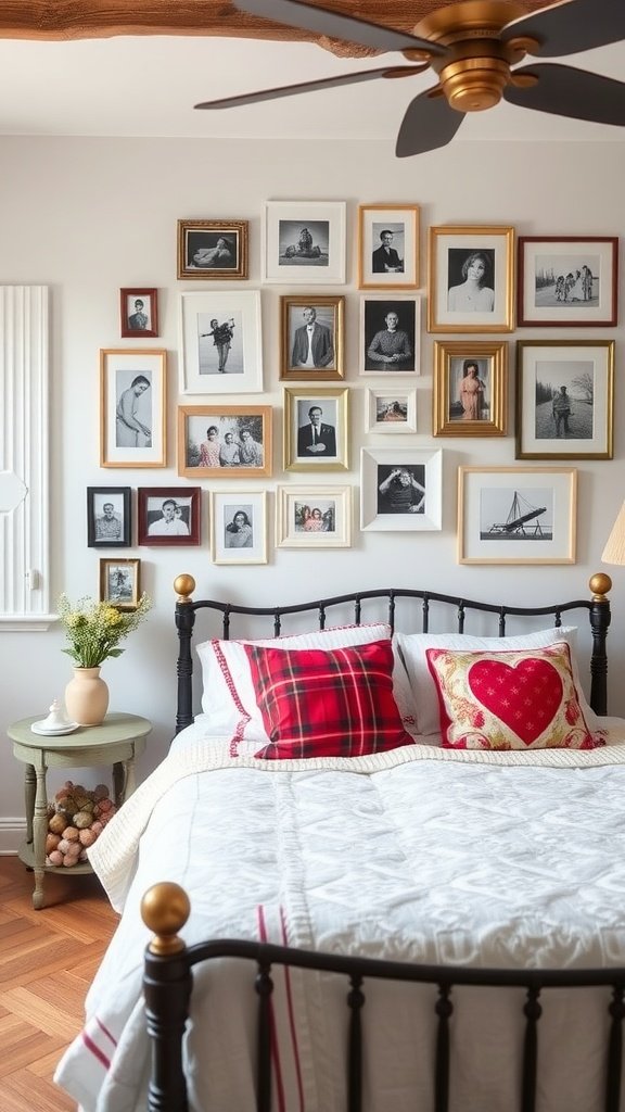 A cozy bedroom featuring a personalized gallery wall with various framed photos.