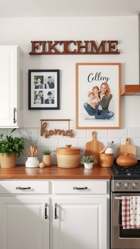 A cozy cottage kitchen featuring personalized wall art and decorative items.