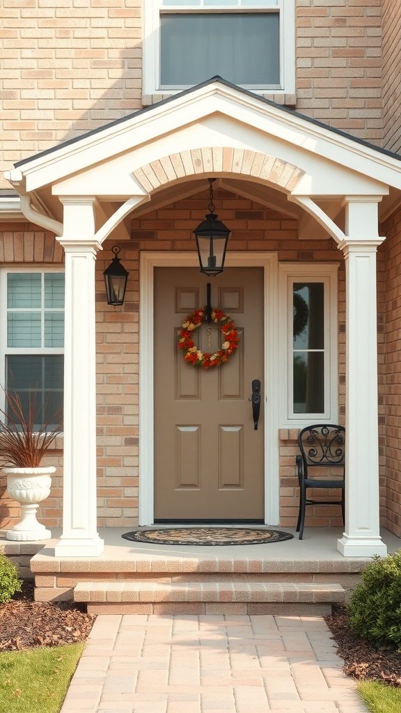 A beige brick house entrance with a decorated door and a cozy chair.