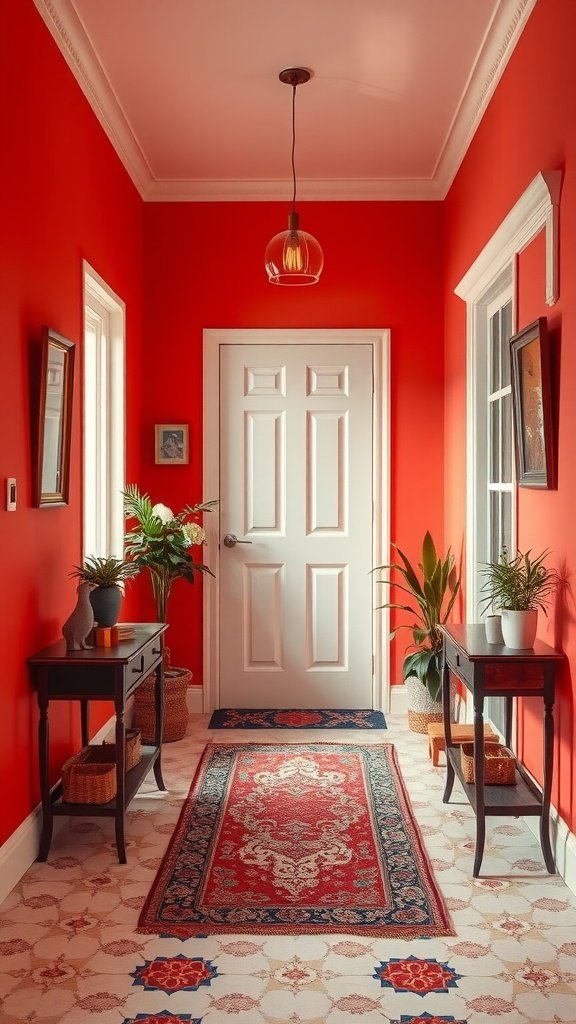 A vibrant coral-painted foyer with plants and decorative tables.