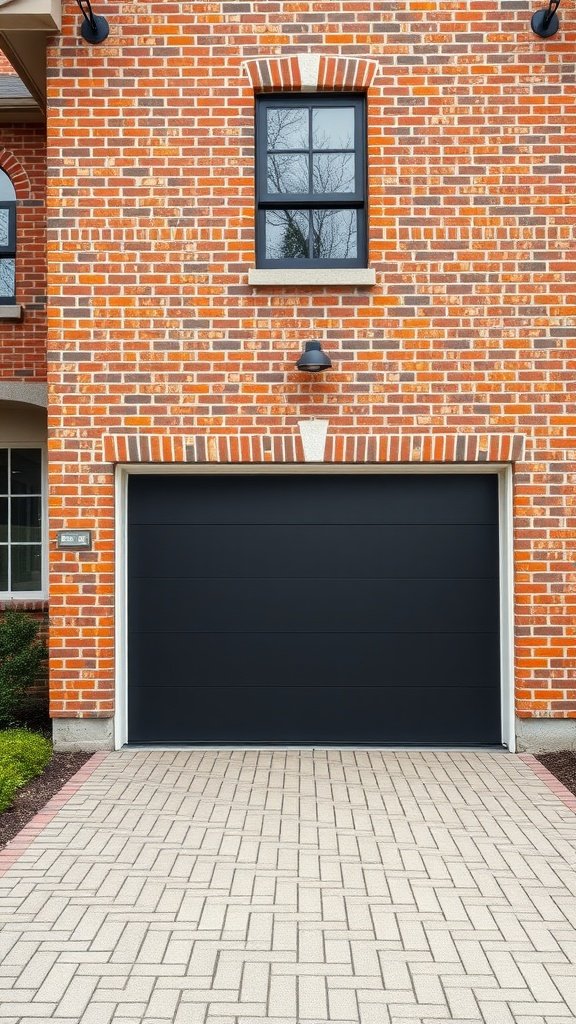 Modern garage door design on a brick house.
