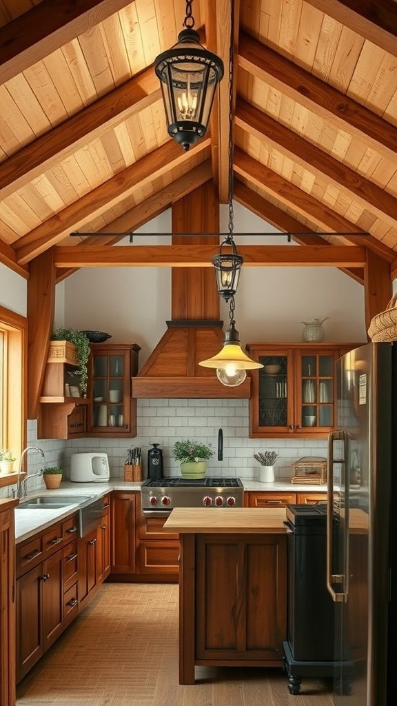 A rustic U-shaped kitchen featuring wooden cabinets, open beams, and warm lighting.