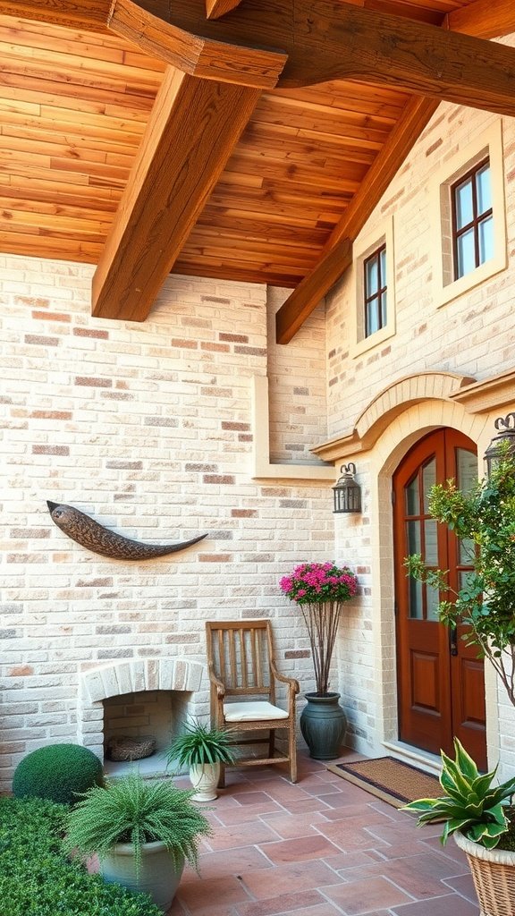 A rustic cream brick house exterior featuring wooden beams and decorative plants.
