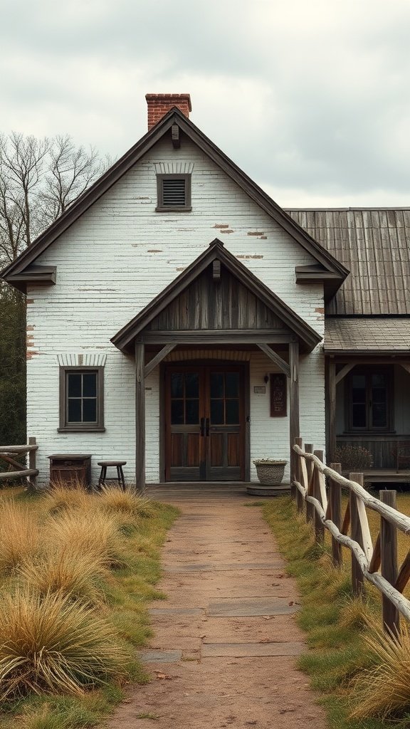 Rustic farmhouse with off-white brick exterior and grassy path