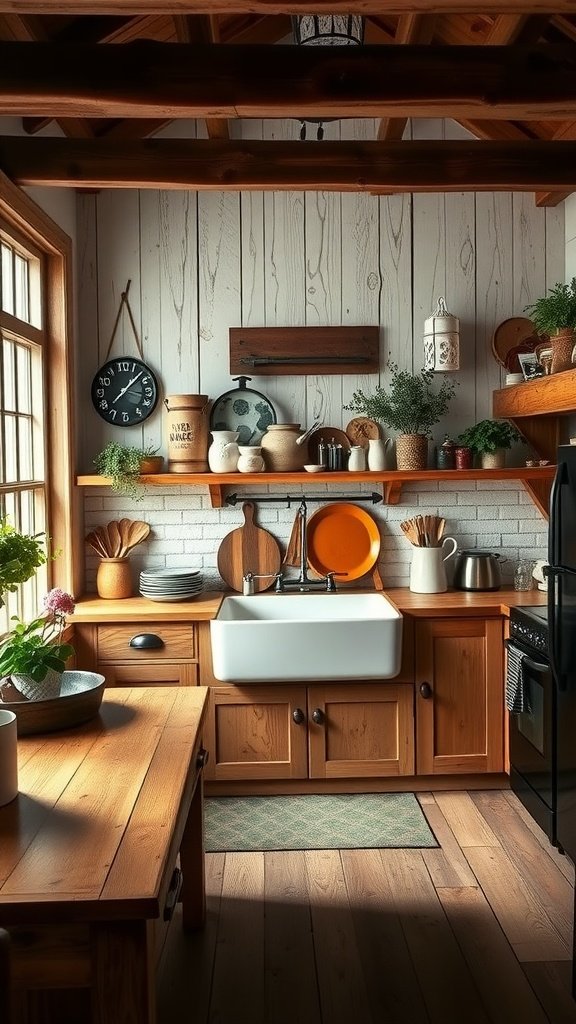 A cozy rustic farmhouse kitchen with wooden shelves, a farmhouse sink, and natural light.