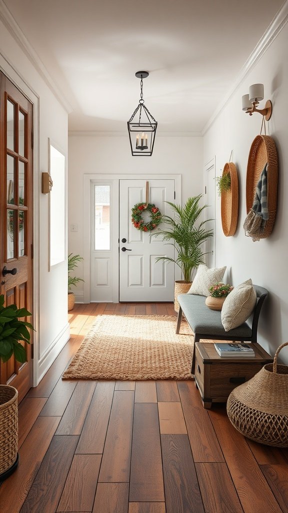 A cozy entryway featuring rustic hardwood planks, a welcoming bench, and decorative elements.