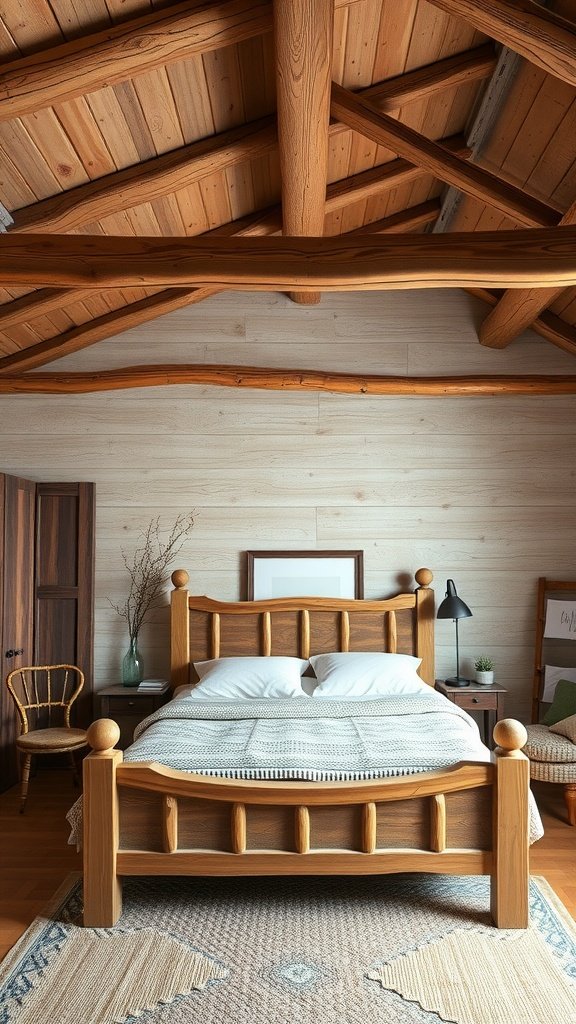 A cozy cottage bedroom featuring rustic wood accents, including a wooden bed frame and ceiling beams.
