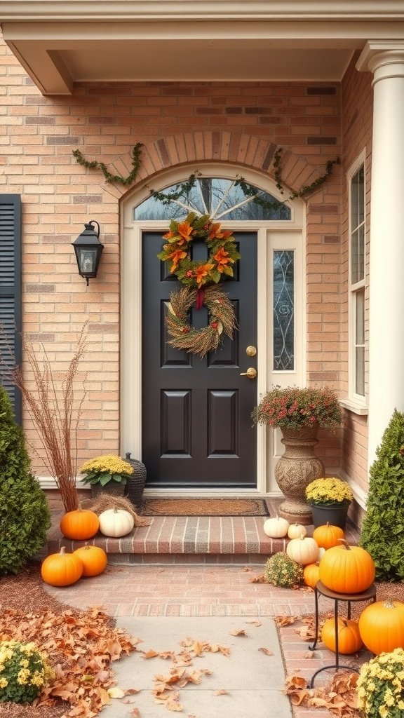 A beige brick house with autumn decorations including pumpkins and a wreath