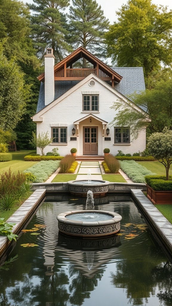 Off-white brick house surrounded by greenery and a water feature