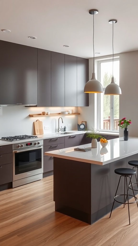 Modern U-shaped kitchen with dark cabinetry and island