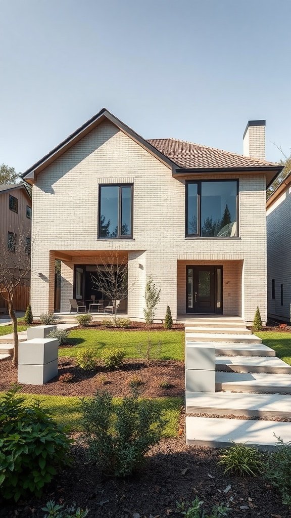A modern cream brick house with landscaped garden and pathways.