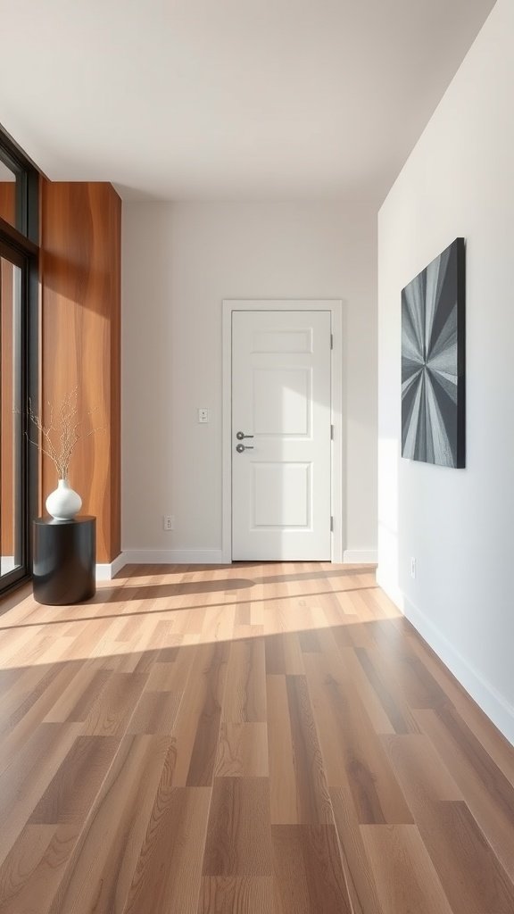 Bright entryway featuring sleek vinyl flooring, a white door, and modern decor.