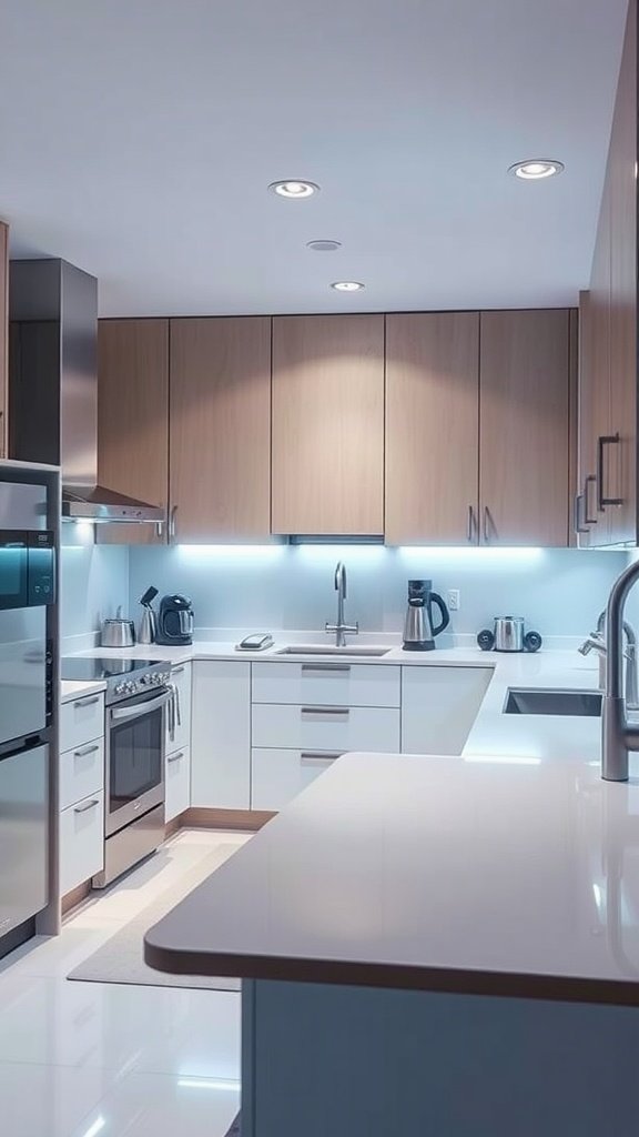 A modern U-shaped kitchen featuring smart technology with sleek appliances and stylish countertops.