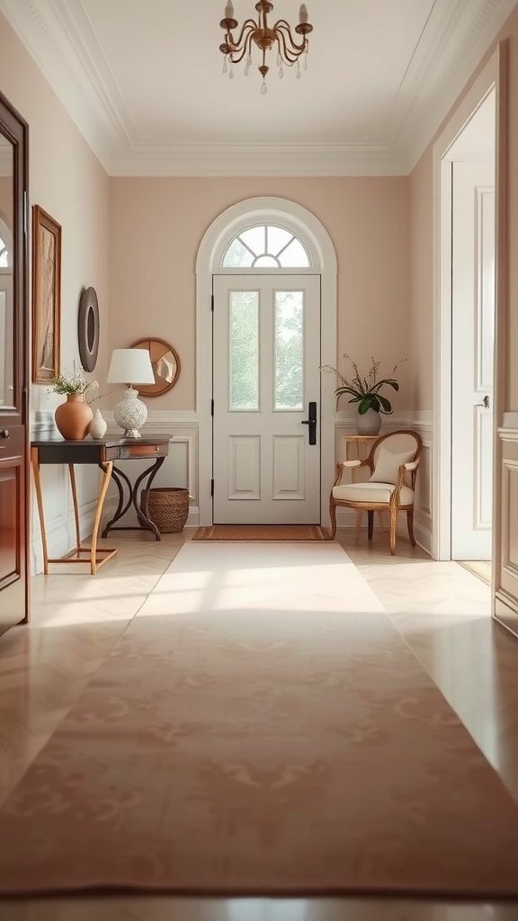 Entryway featuring a soft carpet runner leading to the front door with elegant decor.