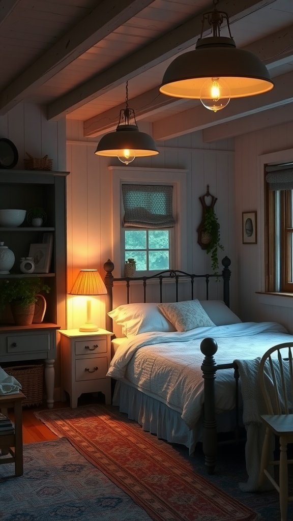 A cozy cottage bedroom with soft lighting from vintage light fixtures.