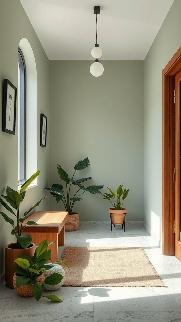 light sage green foyer with plants and wooden furniture.
