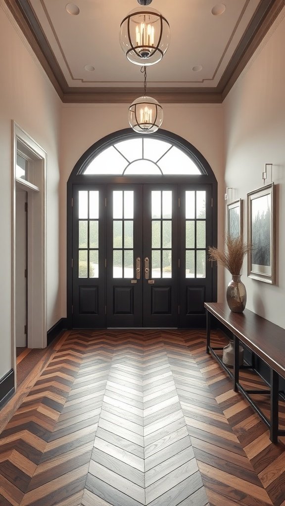 Entryway with herringbone patterned wooden floor and elegant lighting.