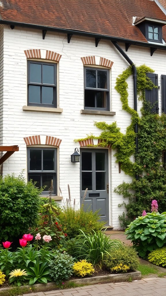 A beautiful off-white brick house with Tudor style windows, dark accents, and colorful flowers in the garden.