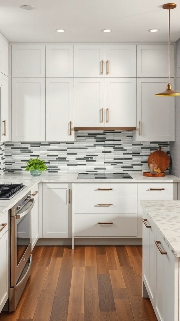 Stylish U-shaped kitchen featuring a modern backsplash with a mix of gray and white tiles.