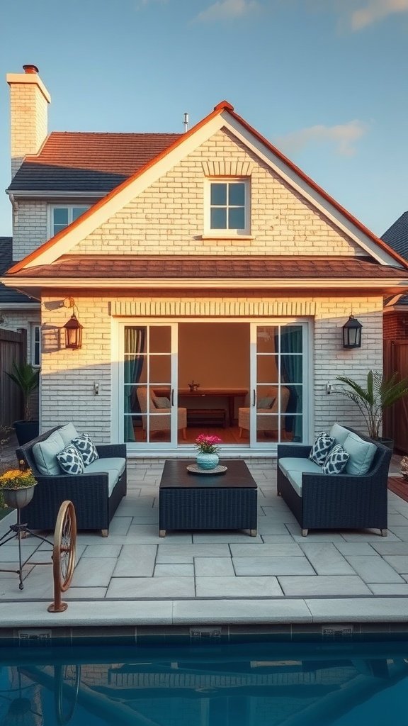 Stylish cream brick house with outdoor living space featuring comfortable seating and a pool.