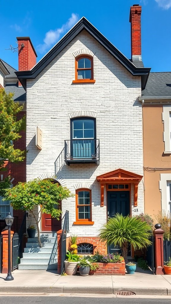 An off-white brick house featuring vibrant accents and eclectic design elements.