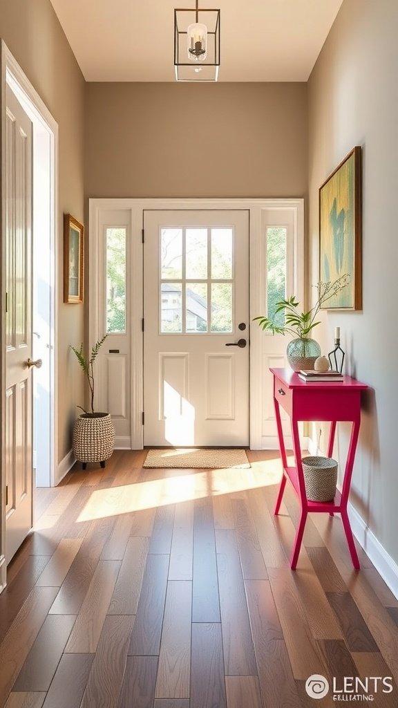 A bright and welcoming entryway with laminate flooring, featuring a modern design and a pop of color from a pink table.