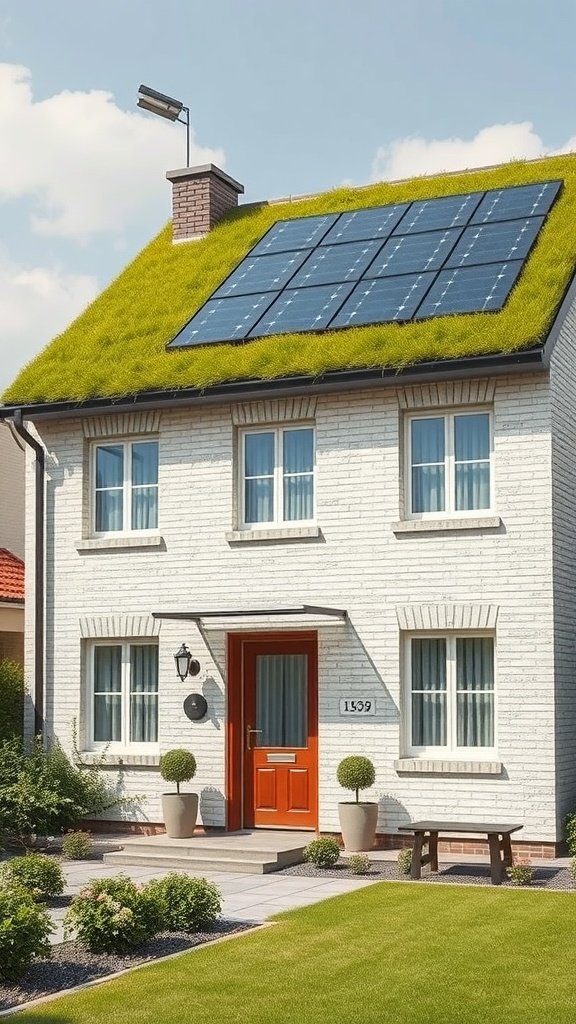 A sustainable off-white brick house with a green roof and solar panels.