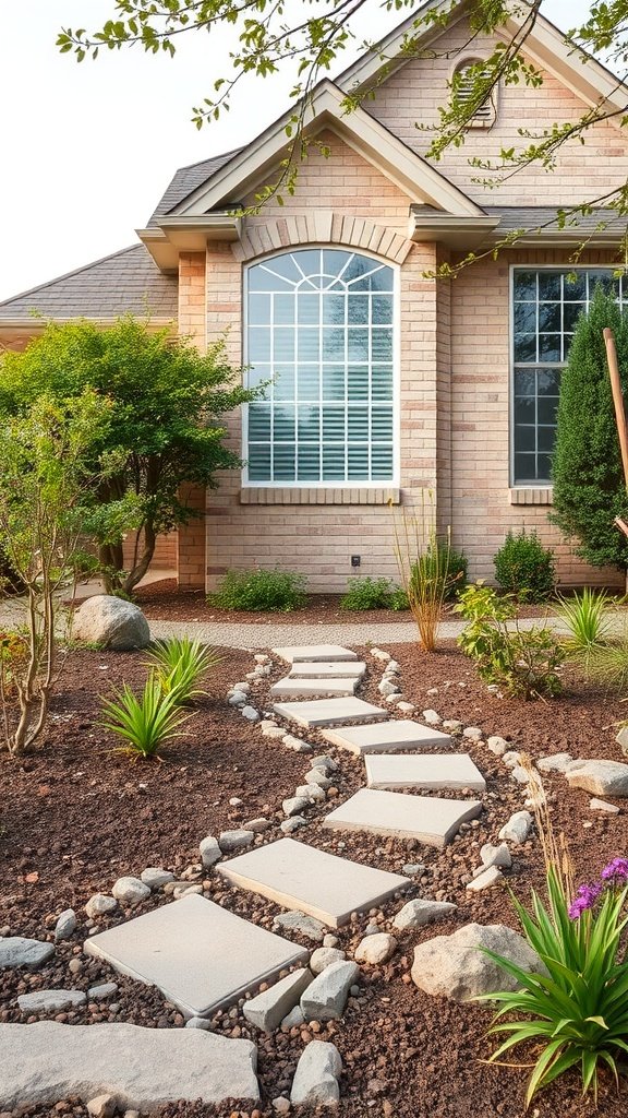 A beige brick house with a winding stone pathway surrounded by plants and mulch.