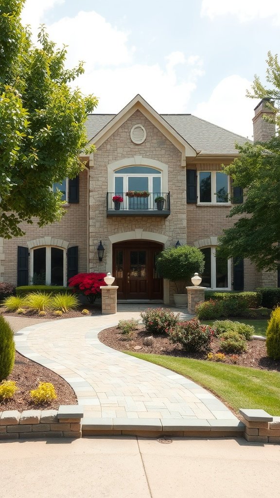 A cream brick house with stone accents and a landscaped front yard.
