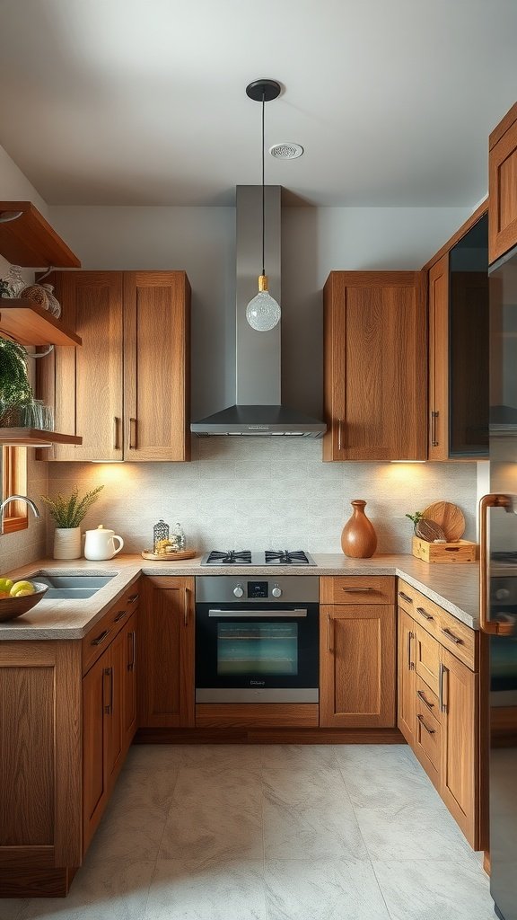 Cozy U-shaped kitchen with wooden cabinets and soft lighting.