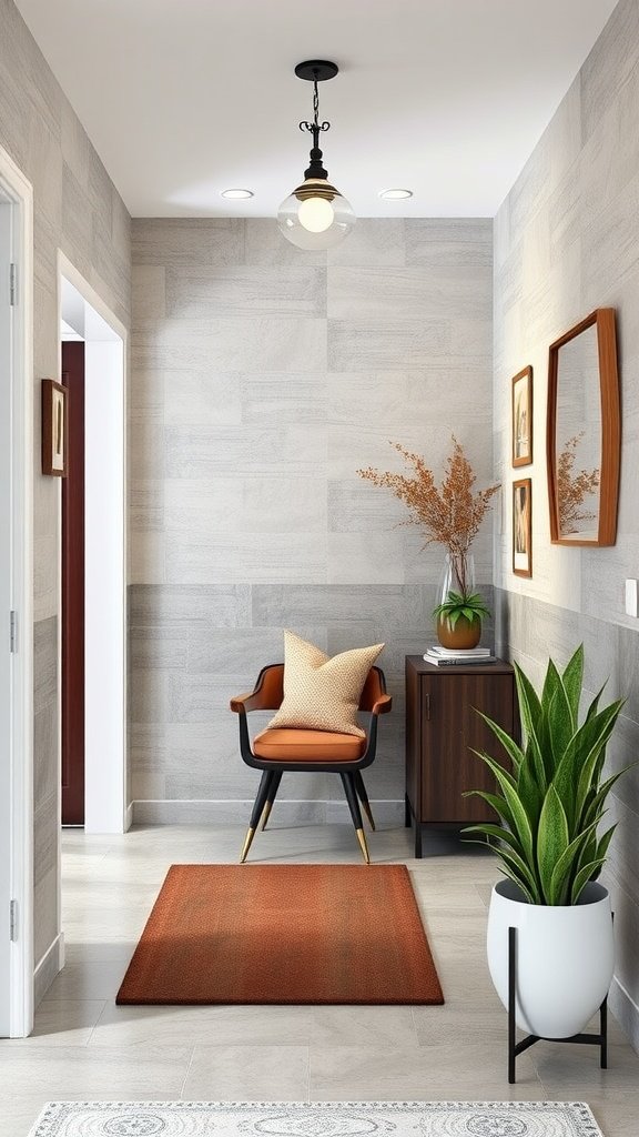 An entryway featuring textured porcelain tiles, a stylish chair, and decorative elements.