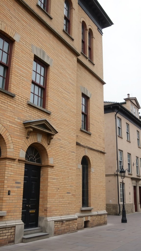 Exterior view of a historical building with beige brick and decorative elements.