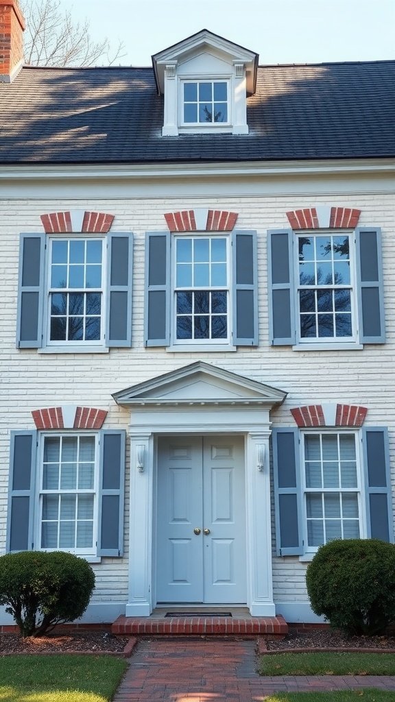 Off-white brick house with classic colonial features and symmetrical windows.