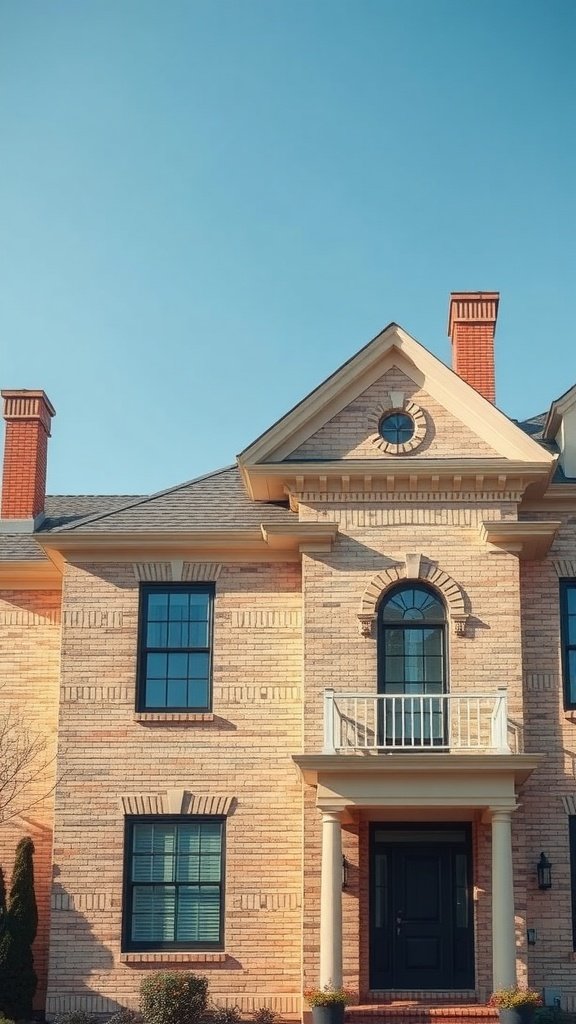 A beige brick house with dark windows and a decorative roof against a clear blue sky.