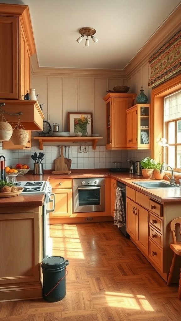Cozy U-shaped kitchen with warm wooden cabinets and classic features